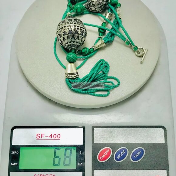 Bohemian Beaded Chain Necklace with Dangling Tassel Pendant, Green Beaded - Picture 8 of 11